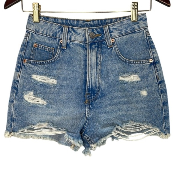 H&M Divided High Waisted Denim Jean Shorts Blue Distressed Hem Worn In Size 0 - Picture 2 of 10